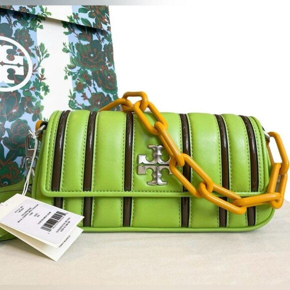 Tory Burch Kira Green Leather Shoulder Bag Stripe Chain Strap Silver Hardware - Picture 3 of 13
